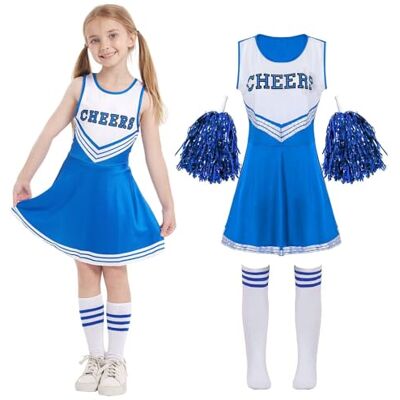 Cnexmin Cheerleaderjurk kinderkostuum meisjes met pompons en sokken voor Halloween, Kerstmis, carnaval, verjaardag, feest, blauw, 150 cm Cnexmin Cheerleaderjurk kinderkostuum meisjes met pompons en sokken voor Halloween, Kerstmis, carnaval, verjaardag, feest, blauw, 150 cm