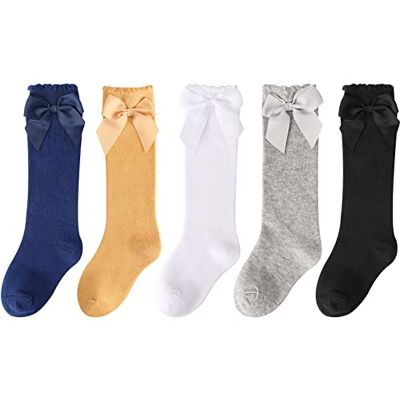 DRESHOW Hoge kousen voor baby's, meisjes, geklede kousen voor peuters, katoenen babykousen met strik 3-5 jaar DRESHOW Hoge kousen voor baby's, meisjes, geklede kousen voor peuters, katoenen babykousen met strik 3-5 jaar