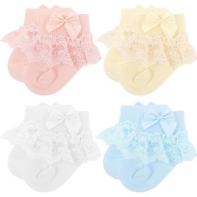 DRESHOW Kanten striksokken voor baby's, geklede sokken van kant, voor pasgeborenen en meisjes, 4 paar kanten sokken set 26 0-12 mois DRESHOW Kanten striksokken voor baby's, geklede sokken van kant, voor pasgeborenen en meisjes, 4 paar kanten sokken set 26 0-12 mois