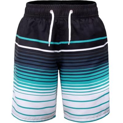 Hill & Sea Zwemshort voor jongens, sneldrogend, ademend, waterafstotend, met mesh gevoerde zakken en verstelbaar trekkoord, Zwart, blauw en wit gestreept 152 Hill & Sea Zwemshort voor jongens, sneldrogend, ademend, waterafstotend, met mesh gevoerde zakken en verstelbaar trekkoord, Zwart, blauw en wit gestreept 152