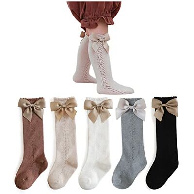 DRESHOW Hoge kousen voor baby's, meisjes, geklede kousen voor peuters, katoenen babykousen met strik 3-5 jaar DRESHOW Hoge kousen voor baby's, meisjes, geklede kousen voor peuters, katoenen babykousen met strik 3-5 jaar