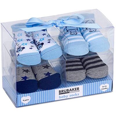 BRUBAKER Babysokken Set van 4 paar Jongen/meisje 0-12 maanden Cadeauset voor geboorte/doop Raketten/Sterren BRUBAKER Babysokken Set van 4 paar Jongen/meisje 0-12 maanden Cadeauset voor geboorte/doop Raketten/Sterren