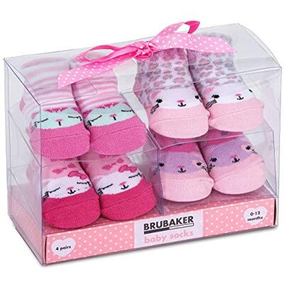 BRUBAKER Babysokken Set van 4 paar Meisjes 0-12 maanden Geschenkdoos voor geboorte/doop Katten Roze BRUBAKER Babysokken Set van 4 paar Meisjes 0-12 maanden Geschenkdoos voor geboorte/doop Katten Roze