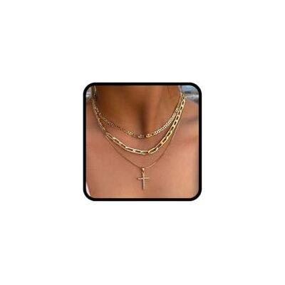 JOOTUEPO Gelaagde ketting van roestvrij staal, gouden kruis voor dames, halsketting voor dames, kruishanger, opvouwbare halsketting JOOTUEPO Gelaagde ketting van roestvrij staal, gouden kruis voor dames, halsketting voor dames, kruishanger, opvouwbare halsketting