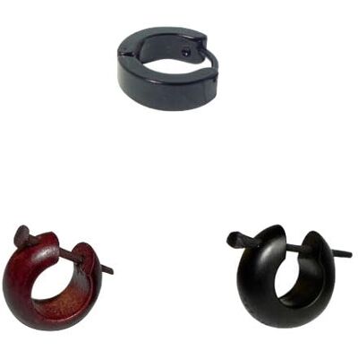 DENI 3 oorbellen voor heren, 1 zwarte hoepel, 1 van bruin hout en 1 zwart, 15 mm buitendiameter DENI 3 oorbellen voor heren, 1 zwarte hoepel, 1 van bruin hout en 1 zwart, 15 mm buitendiameter