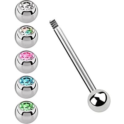 Modern Nature Piercing-Schmuck Set tongpiercings, 1,6 mm dikke stalen staaf, lengte naar keuze van 12 tot 18 mm met 5 stenen ballen, staal of staal 316L, Kristal Modern Nature Piercing-Schmuck Set tongpiercings, 1,6 mm dikke stalen staaf, lengte naar keuze van 12 tot 18 mm met 5 stenen ballen, staal of staal 316L, Kristal