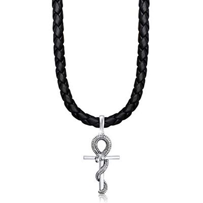 Kuzzoi Exclusieve leren ketting voor heren met kruis hanger van massief 925 sterling zilver, ketting van gevlochten rundleer, zwart, lengte 50 cm, 55 cm, breedte 5,5 mm, 011642718, leer Kuzzoi Exclusieve leren ketting voor heren met kruis hanger van massief 925 sterling zilver, ketting van gevlochten rundleer, zwart, lengte 50 cm, 55 cm, breedte 5,5 mm, 011642718, leer