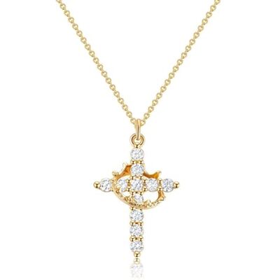 Dryxog Vergulde halsketting met gedraaide kroon en zirkonia, elegante ketting met kruishanger, modieuze sieraden, kruissymbool, doopcadeau voor vrouwen, standaard, titaniumstaal, strass Dryxog Vergulde halsketting met gedraaide kroon en zirkonia, elegante ketting met kruishanger, modieuze sieraden, kruissymbool, doopcadeau voor vrouwen, standaard, titaniumstaal, strass