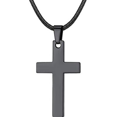 FaithHeart Halsketting kruis hanger gepersonaliseerd met ketting leer touw gevlochten 2 mm 22-26 inch (55/60/65 cm) christelijk kruis staal / zwart / blauw / roze goud 18 karaat religieuze sieraden voor heren dames cadeau doop FaithHeart Halsketting kruis hanger gepersonaliseerd met ketting leer touw gevlochten 2 mm 22-26 inch (55/60/65 cm) christelijk kruis staal / zwart / blauw / roze goud 18 karaat religieuze sieraden voor heren dames cadeau doop