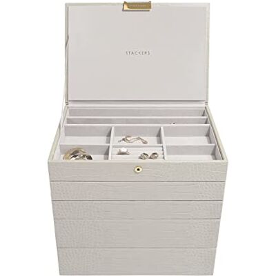 Stackers Set van 5 middelgrote juwelendoosjes met klassieke krokodillenstijl, kunstleer, beige, maat M Stackers Set van 5 middelgrote juwelendoosjes met klassieke krokodillenstijl, kunstleer, beige, maat M