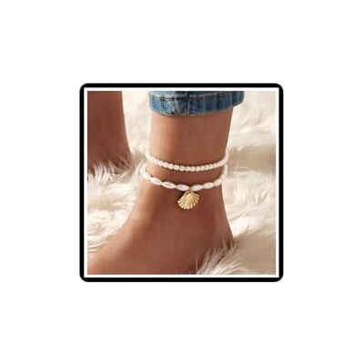Dishowme Set van 2 vintage enkelbandjes met parels en kunstparels, Hawaï, Puka, schelpketting, voor dames en meisjes, kunstparels, legering, Schelp Synthetische parel legering Dishowme Set van 2 vintage enkelbandjes met parels en kunstparels, Hawaï, Puka, schelpketting, voor dames en meisjes, kunstparels, legering, Schelp Synthetische parel legering