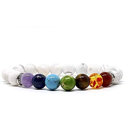 KIREI PARIS BIJOUX Natuurstenen armband, 7 chakra's en witte howliet, 8 mm, KIREI PARIJS sieraden, howliet, wit, halfedelstenen KIREI PARIS BIJOUX Natuurstenen armband, 7 chakra's en witte howliet, 8 mm, KIREI PARIJS sieraden, howliet, wit, halfedelstenen