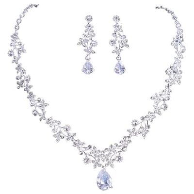 FFWTPY Jewellery Set voor dames, bruid, halsketting en oorring, set zilveren kristallen halsketting, bruid, oorbellen, kubieke zirkonia, bruid, bruiloft, sieradensets voor bruiden, Valentijnsdag FFWTPY Jewellery Set voor dames, bruid, halsketting en oorring, set zilveren kristallen halsketting, bruid, oorbellen, kubieke zirkonia, bruid, bruiloft, sieradensets voor bruiden, Valentijnsdag