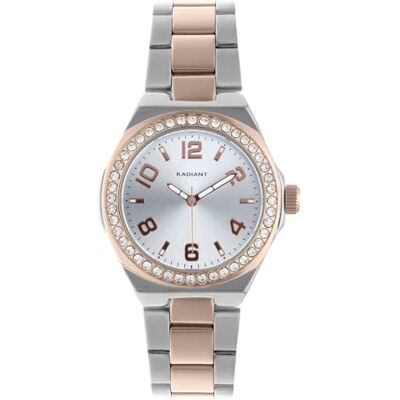 Radiant Analoog kwartshorloge voor dames, 34,00 mm ronde behuizing, roségoud, witte wijzerplaat, tweekleurige roségouden stalen armband met vouwsluiting, inclusief batterij, waterdicht 3 ATM Radiant Analoog kwartshorloge voor dames, 34,00 mm ronde behuizing, roségoud, witte wijzerplaat, tweekleurige roségouden stalen armband met vouwsluiting, inclusief batterij, waterdicht 3 ATM