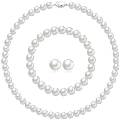 AOWVUTS Witte ronde zoetwaterparelketting, ketting, armband, oorbellen, parelketting voor dames, bruidsmeisje, bruiloft, inclusief, Parel, Geen edelsteen AOWVUTS Witte ronde zoetwaterparelketting, ketting, armband, oorbellen, parelketting voor dames, bruidsmeisje, bruiloft, inclusief, Parel, Geen edelsteen