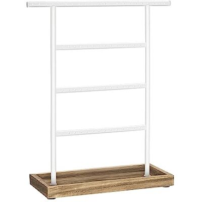 SONGMICS JJS019W01 Sieradenstandaard met dienblad en 4 stangen, kettingstandaard, houten sokkel, opslag voor oorbellen, vintage stijl, houtkleur wit SONGMICS JJS019W01 Sieradenstandaard met dienblad en 4 stangen, kettingstandaard, houten sokkel, opslag voor oorbellen, vintage stijl, houtkleur wit