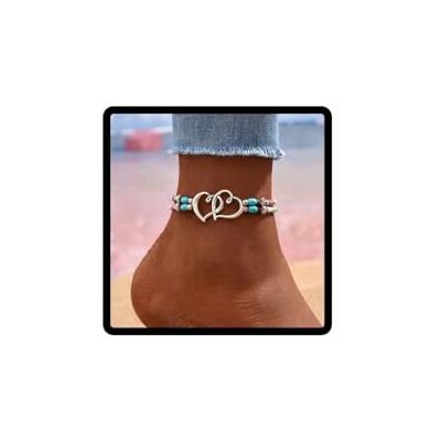 Wedity Enkelbandje met turquoise kralen in hartvorm voor dames en meisjes, Eén maat, Metaal Wedity Enkelbandje met turquoise kralen in hartvorm voor dames en meisjes, Eén maat, Metaal