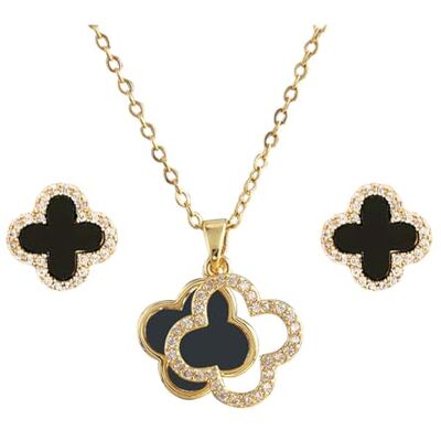 Hanaoops Sieradensets klavertjevier voor vrouwen meisjes goud zilver titanium staal zwart klavertjevier geluksbrenger ketting oorbellen sieraden set geschenken, talla Hanaoops Sieradensets klavertjevier voor vrouwen meisjes goud zilver titanium staal zwart klavertjevier geluksbrenger ketting oorbellen sieraden set geschenken, talla