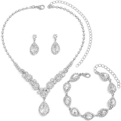 FDEETY Sieradenset voor dames, bruiloft, kristal, bruid, halsketting, oorbel en armband, set bruiloft, verloving, bruid, bruidsmeisje, Zink FDEETY Sieradenset voor dames, bruiloft, kristal, bruid, halsketting, oorbel en armband, set bruiloft, verloving, bruid, bruidsmeisje, Zink