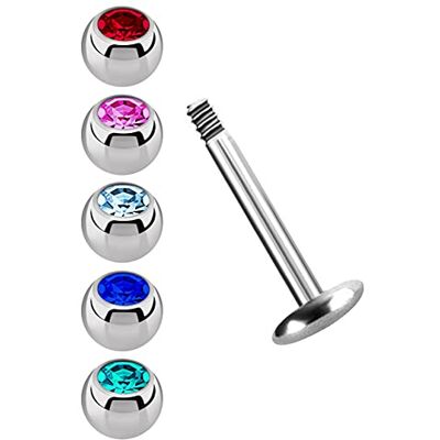 Modern Nature Piercing-Schmuck Stalen piercings, labret, plaat 4 mm in 1,2 mm met 5 kleurrijke ballen van 3 mm, 1,2 x 6 mm, kristal, Gelegeerd Staal, Kristal Modern Nature Piercing-Schmuck Stalen piercings, labret, plaat 4 mm in 1,2 mm met 5 kleurrijke ballen van 3 mm, 1,2 x 6 mm, kristal, Gelegeerd Staal, Kristal