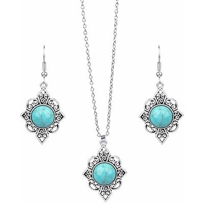 Dishowme Set van 3 turquoise halskettingen en oorbellen met bloemenhanger Boheemse stijl Geometrisch vintage Waterdruppel Westerse sieraden voor vrouwen, Metaal Synthetische parel, Natuursteen Dishowme Set van 3 turquoise halskettingen en oorbellen met bloemenhanger Boheemse stijl Geometrisch vintage Waterdruppel Westerse sieraden voor vrouwen, Metaal Synthetische parel, Natuursteen