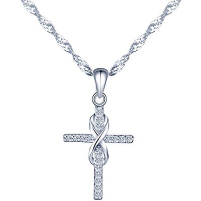 Yumilok Halsketting van 925 zilver en zirkoon glanzend kruis en oneindigheidssymbool voor dames en meisjes, zilverkleur Yumilok Halsketting van 925 zilver en zirkoon glanzend kruis en oneindigheidssymbool voor dames en meisjes, zilverkleur