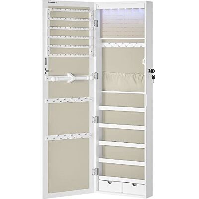 SONGMICS Juwelenkistje, Opbergmeubel voor Halskettingen, Oorbellen, Accessoirekast, met Spiegel, Verschillende Compartimenten, Afsluitbaar, Wit en Kurk Voering JJC093W01 SONGMICS Juwelenkistje, Opbergmeubel voor Halskettingen, Oorbellen, Accessoirekast, met Spiegel, Verschillende Compartimenten, Afsluitbaar, Wit en Kurk Voering JJC093W01