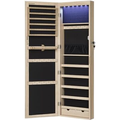 SONGMICS Sieradenkast, wandkast voor halskettingen, oorbellen, accessoirekast, spiegel, verschillende vakken, afsluitbaar, kleur eiken JJC093M01 SONGMICS Sieradenkast, wandkast voor halskettingen, oorbellen, accessoirekast, spiegel, verschillende vakken, afsluitbaar, kleur eiken JJC093M01