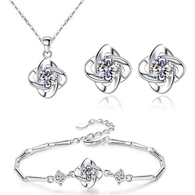 FFWTPY Dames bruiloft sieraden set zilver klavertje vier hanger ketting oorbellen armband set met kristal sieraden set zirocon kubus voor meisjes bruid FFWTPY Dames bruiloft sieraden set zilver klavertje vier hanger ketting oorbellen armband set met kristal sieraden set zirocon kubus voor meisjes bruid