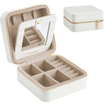 SONGMICS GISELLA Collection JBC146BEV2 Reissieradendoos met spiegel, 11,4 x 11,4 x 5,5 cm, oppervlak van PU, reistas, draagbare sieradenopslag, cadeau-idee, wolkenwit JBC146BEV2 SONGMICS GISELLA Collection JBC146BEV2 Reissieradendoos met spiegel, 11,4 x 11,4 x 5,5 cm, oppervlak van PU, reistas, draagbare sieradenopslag, cadeau-idee, wolkenwit JBC146BEV2
