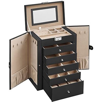 SONGMICS Sieradenbox, groot, 6 niveaus met vleugels, laden, spiegel en sluiting, voor armbanden, oorbellen, ringen, halskettingen, kerstcadeau, zwart JBC152B01 SONGMICS Sieradenbox, groot, 6 niveaus met vleugels, laden, spiegel en sluiting, voor armbanden, oorbellen, ringen, halskettingen, kerstcadeau, zwart JBC152B01