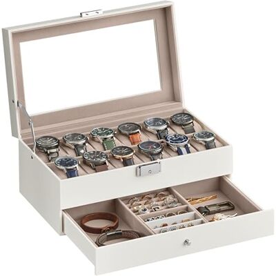 SONGMICS Horlogedoos, afsluitbaar glazen display voor 12 horloges, 1 lade, cadeau-idee, wolkenwit kunstleer, beige voering SONGMICS Horlogedoos, afsluitbaar glazen display voor 12 horloges, 1 lade, cadeau-idee, wolkenwit kunstleer, beige voering