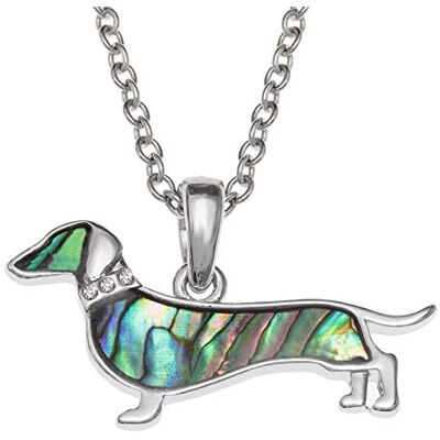 Kiara Jewellery Halsketting met teckel en worst hanger ingelegd met groenachtige abalone schelp en een 45,7 cm lange ketting van gerhodineerd en natuurlijk basismetaal, zilver/gerhodineerd basismetaal Kiara Jewellery Halsketting met teckel en worst hanger ingelegd met groenachtige abalone schelp en een 45,7 cm lange ketting van gerhodineerd en natuurlijk basismetaal, zilver/gerhodineerd basismetaal