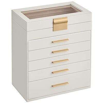 SONGMICS JBC171W01 sieradendoos met glazen deksel 6 niveaus 5 laden voor zonnebrillen, grote sieraden, sieraden opbergen, moderne stijl, wit en goud wolk. SONGMICS JBC171W01 sieradendoos met glazen deksel 6 niveaus 5 laden voor zonnebrillen, grote sieraden, sieraden opbergen, moderne stijl, wit en goud wolk.