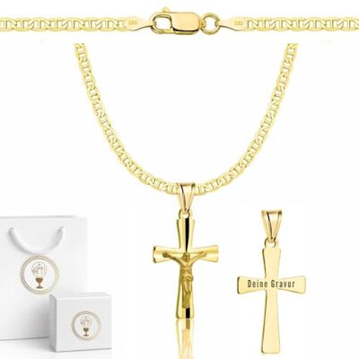 ZELYA Gouden ketting met kruis/medaillon 14 karaat 925/585 verguld Pantserketting voor meisjes en jongens communieketting met kruis kinderketting communie en doop, Zilver, Geen edelsteen ZELYA Gouden ketting met kruis/medaillon 14 karaat 925/585 verguld Pantserketting voor meisjes en jongens communieketting met kruis kinderketting communie en doop, Zilver, Geen edelsteen