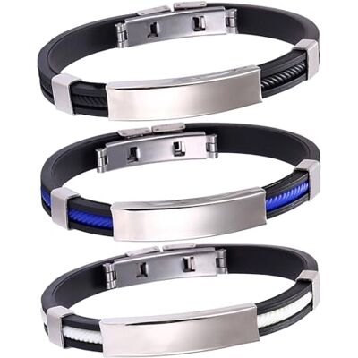 SLEEKEE 3 stuks titanium siliconen armbanden voor mannen en vrouwen, anti-stress armbanden, modieuze en coole sieraden, dagelijkse accessoires (blauw, zwart, wit), staal SLEEKEE 3 stuks titanium siliconen armbanden voor mannen en vrouwen, anti-stress armbanden, modieuze en coole sieraden, dagelijkse accessoires (blauw, zwart, wit), staal
