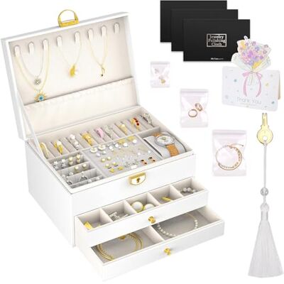 TOSUTO Sieradendoos, sieradenopslag met 2 laden en 3 niveaus, van waterdicht leer, voor het opbergen van halskettingen, oorbellen, armbanden. Inclusief 3 zilveren doeken, 1 franje en 15 sieradenzakjes TOSUTO Sieradendoos, sieradenopslag met 2 laden en 3 niveaus, van waterdicht leer, voor het opbergen van halskettingen, oorbellen, armbanden. Inclusief 3 zilveren doeken, 1 franje en 15 sieradenzakjes