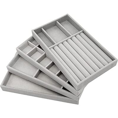 PIQIUQIU Set van 4 sieradendienbladen, stapelbaar, sieradenopslag, lade voor het bewaren en presenteren van oorbellen, halskettingen, ringen (grijs) PIQIUQIU Set van 4 sieradendienbladen, stapelbaar, sieradenopslag, lade voor het bewaren en presenteren van oorbellen, halskettingen, ringen (grijs)