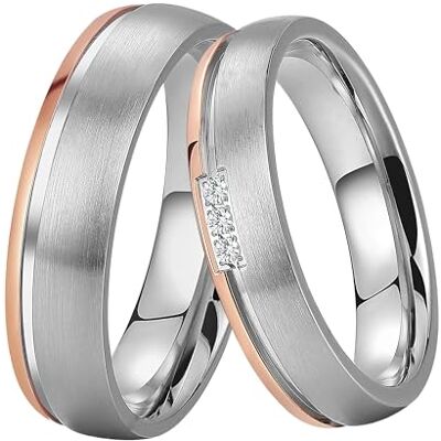 DOOSTI Ring voor dames en heren, roestvrij staal, tweekleurig, zilver, roségoud, met zirkonia, trouwring, trouwring, vriendschapsring, trouwring, damesring, Roestvrij staal DOOSTI Ring voor dames en heren, roestvrij staal, tweekleurig, zilver, roségoud, met zirkonia, trouwring, trouwring, vriendschapsring, trouwring, damesring, Roestvrij staal