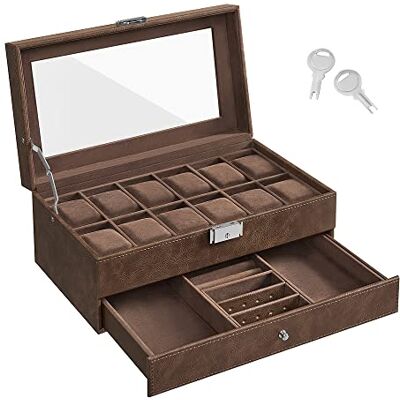 SONGMICS JWB012K01 Horlogedoos voor 12 horloges, met glazen deksel, afsluitbaar, 2 niveaus, 1 lade, voor ringen, armbanden, bruin oppervlak, bruine voering SONGMICS JWB012K01 Horlogedoos voor 12 horloges, met glazen deksel, afsluitbaar, 2 niveaus, 1 lade, voor ringen, armbanden, bruin oppervlak, bruine voering