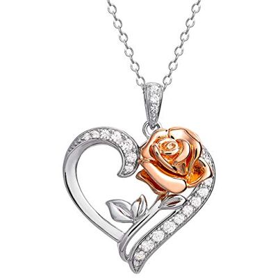 Disney Beauty and the Beast Pink Gold Over Sterling Silver Two Tone Enchanted Rose Cubic Zirconia Heart Halsketting, 45 cm, Sterling Zilver, Kubieke Zirkonia Disney Beauty and the Beast Pink Gold Over Sterling Silver Two Tone Enchanted Rose Cubic Zirconia Heart Halsketting, 45 cm, Sterling Zilver, Kubieke Zirkonia