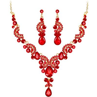 Wedity Bruid bruiloft kristal ketting oorbellen set bloemen choker choker traan sieraden voor vrouwen en meisjes (rood) Wedity Bruid bruiloft kristal ketting oorbellen set bloemen choker choker traan sieraden voor vrouwen en meisjes (rood)