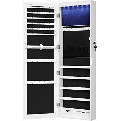 SONGMICS Sieradenkast, wandkast voor halskettingen, oorbellen, kast met spiegel, verschillende vakken, afsluitbaar, wit JBC93W SONGMICS Sieradenkast, wandkast voor halskettingen, oorbellen, kast met spiegel, verschillende vakken, afsluitbaar, wit JBC93W