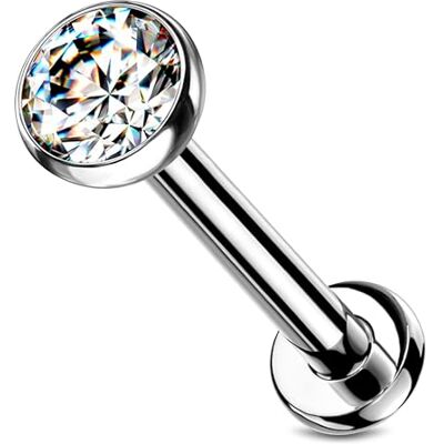 Stachelkleid Titanium labret piercing met zilveren zirkonia push-in zonder schroefdraad, kraakbeen, helix, tragus, lip, universeel, platte bal, Titanium Stachelkleid Titanium labret piercing met zilveren zirkonia push-in zonder schroefdraad, kraakbeen, helix, tragus, lip, universeel, platte bal, Titanium