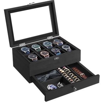 SONGMICS JOW008B02 Horlogedoos met 8 vakken, massief hout met glazen deksel, kussen voor horloges, sieradenopslag, cadeau voor je dierbaren, inktzwart JOW008B02 SONGMICS JOW008B02 Horlogedoos met 8 vakken, massief hout met glazen deksel, kussen voor horloges, sieradenopslag, cadeau voor je dierbaren, inktzwart JOW008B02