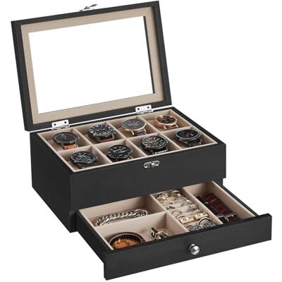 SONGMICS Horlogedoos met 8 vakken, 2 houten lagen, groot glazen deksel, horlogekussens, fluwelen voering, sieradendoos, cadeau voor je dierbaren SONGMICS Horlogedoos met 8 vakken, 2 houten lagen, groot glazen deksel, horlogekussens, fluwelen voering, sieradendoos, cadeau voor je dierbaren