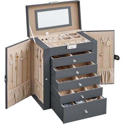SONGMICS Sieradenbox, groot, 6 niveaus met vleugels, laden, spiegel en sluiting, voor armbanden, oorbellen, ringen, halskettingen, horloges, kerstcadeau, grijs JBC152G01 SONGMICS Sieradenbox, groot, 6 niveaus met vleugels, laden, spiegel en sluiting, voor armbanden, oorbellen, ringen, halskettingen, horloges, kerstcadeau, grijs JBC152G01