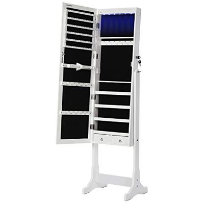 SONGMICS LED Verlichting Sieradenkast Spiegel Met 5 Legplanken En 2 Kleine Laden Afsluitbaar JBC94W SONGMICS LED Verlichting Sieradenkast Spiegel Met 5 Legplanken En 2 Kleine Laden Afsluitbaar JBC94W