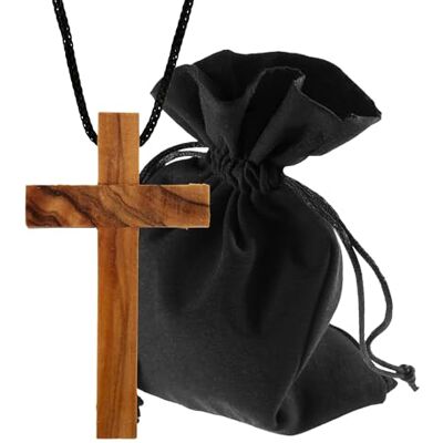 Lunexus Handgemaakte olijfhouten eenvoudige kruishanger in Bethlehem met zwart lint van 80 cm en gezegend fluwelen zakje met certificaat religieuze halsketting cadeau doop communie Lunexus Handgemaakte olijfhouten eenvoudige kruishanger in Bethlehem met zwart lint van 80 cm en gezegend fluwelen zakje met certificaat religieuze halsketting cadeau doop communie