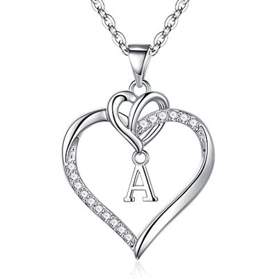 TINGN Hartvormige halsketting voor dames, zilver-goud, 14 karaat witgoud verguld, initiaalketting met hartvormige hanger, kubieke zirkonia, verjaardagscadeau voor vrouw, vriendin, moeder, Wit Goud TINGN Hartvormige halsketting voor dames, zilver-goud, 14 karaat witgoud verguld, initiaalketting met hartvormige hanger, kubieke zirkonia, verjaardagscadeau voor vrouw, vriendin, moeder, Wit Goud